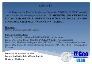 Primeira Banca de Defesa de Dissertação do PPGEO/UESB – Mestranda Débora Paula de Andrade Oliveira
